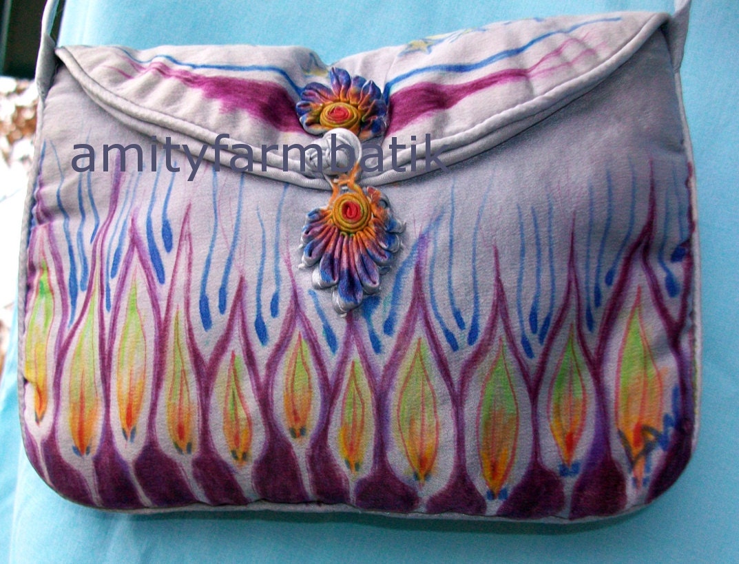 Silk Shoulder Purse- Pale Blue  -  Earth, Trees, Moon, Stars and Clouds  -  hand dyed and painted