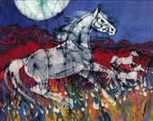 Horse Gallops in Summer Field in the Light of the Full Moon  - Horizontal batik print from original