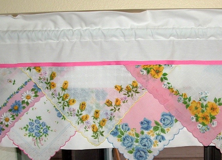 Valance Hankies on WHITE COTTON. Handmade Vintage look. Assorted  Handkerchiefs.