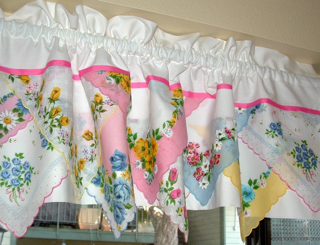 Valance Hankies on WHITE COTTON. Handmade Vintage look. Assorted  Handkerchiefs.