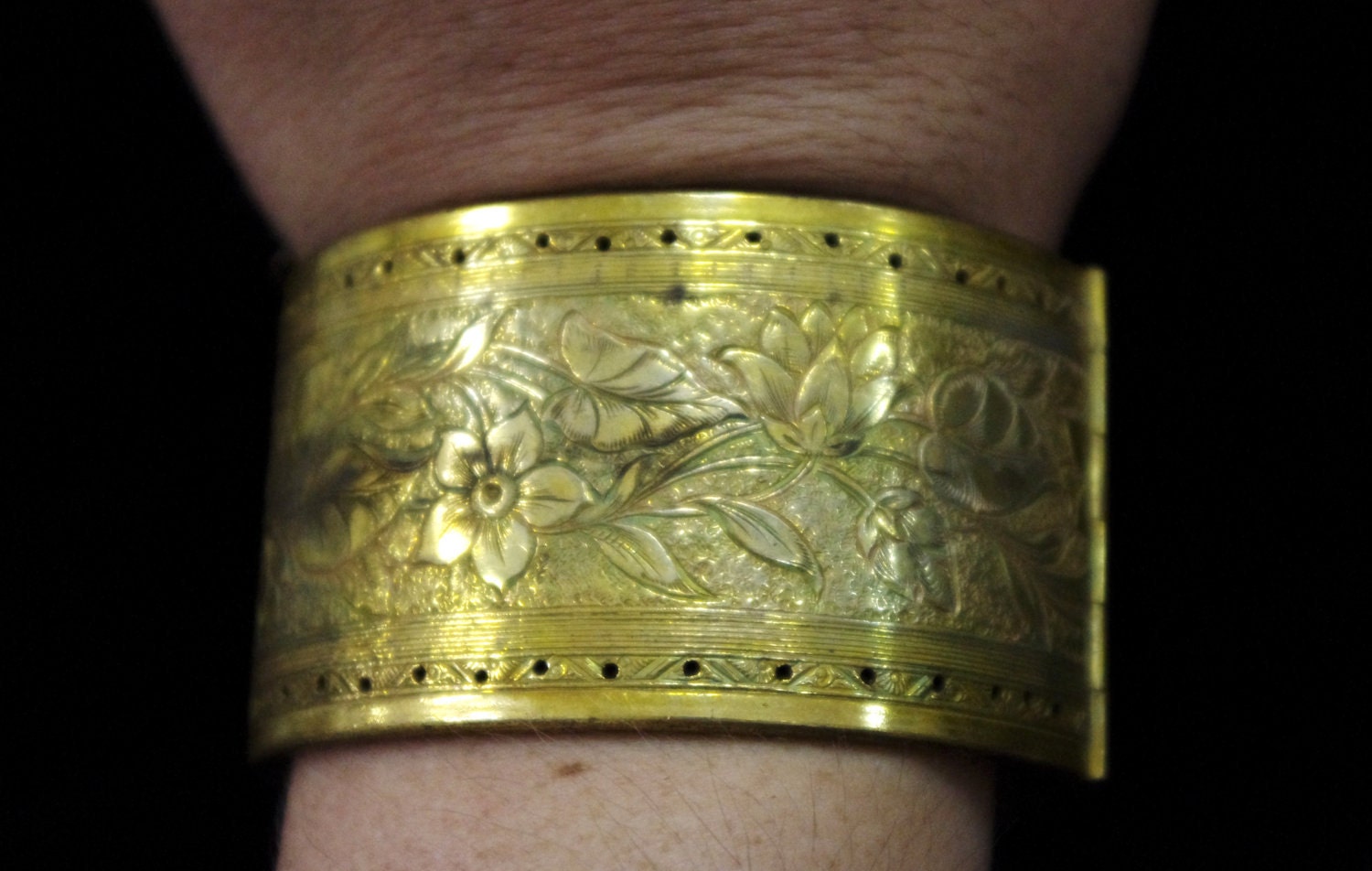 Miriam Haskell Floral Etched Brass Gold Tone Metal Wide Hinged Cuff Clamper Bracelet Art Nouveau Deco