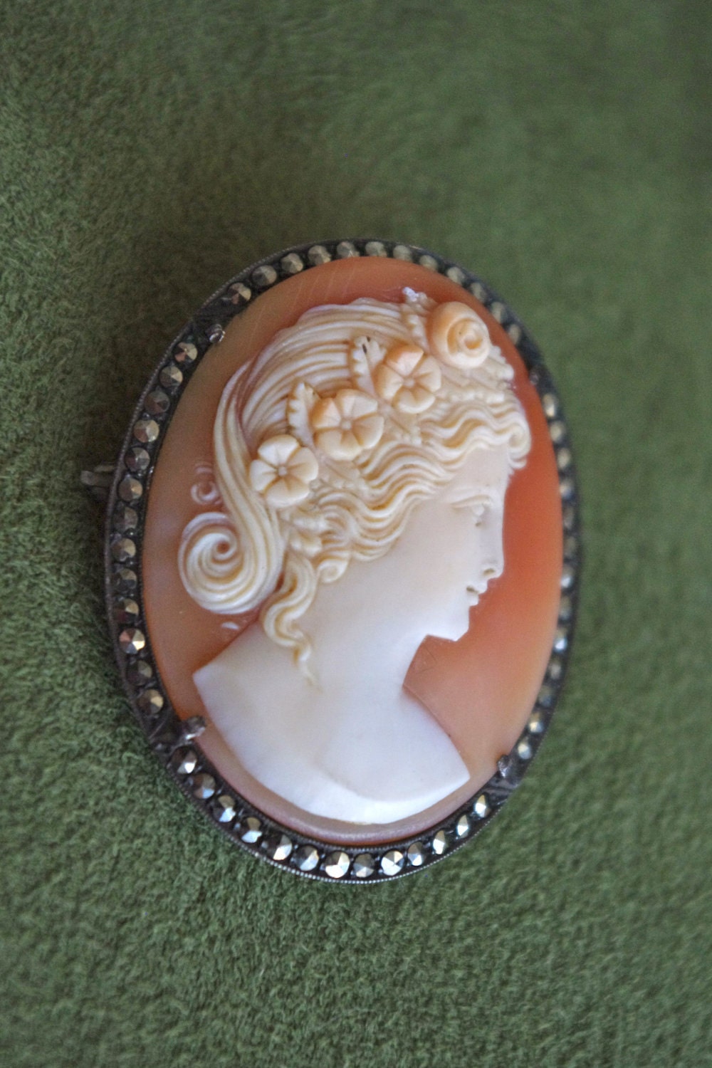Gorgeous Antique Sterling Silver & Marcasite Hand Carved Victorian Shell Cameo