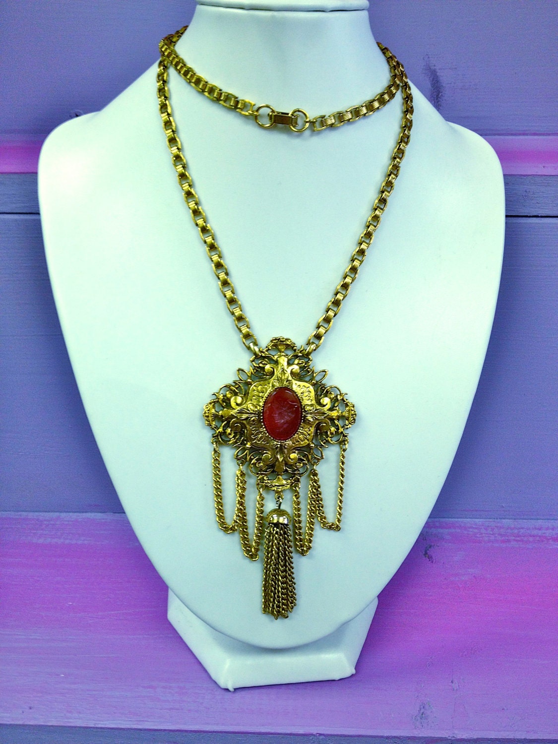 Gorgeous Vintage Coral Orange Cameo ART Signed Victorian Gold Bookchain Necklace with Tassel