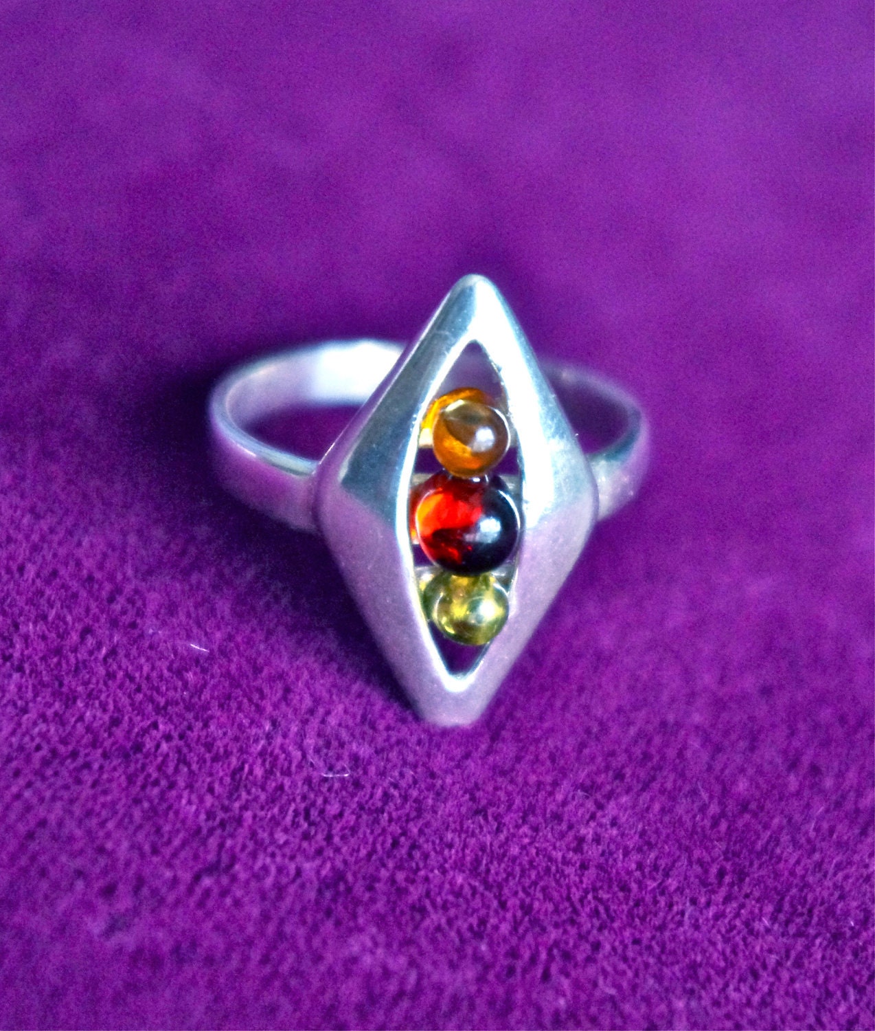SALE Vintage 925 Sterling Silver & Multi Colored Baltic Amber Cabochon Art Deco Diamond Ring