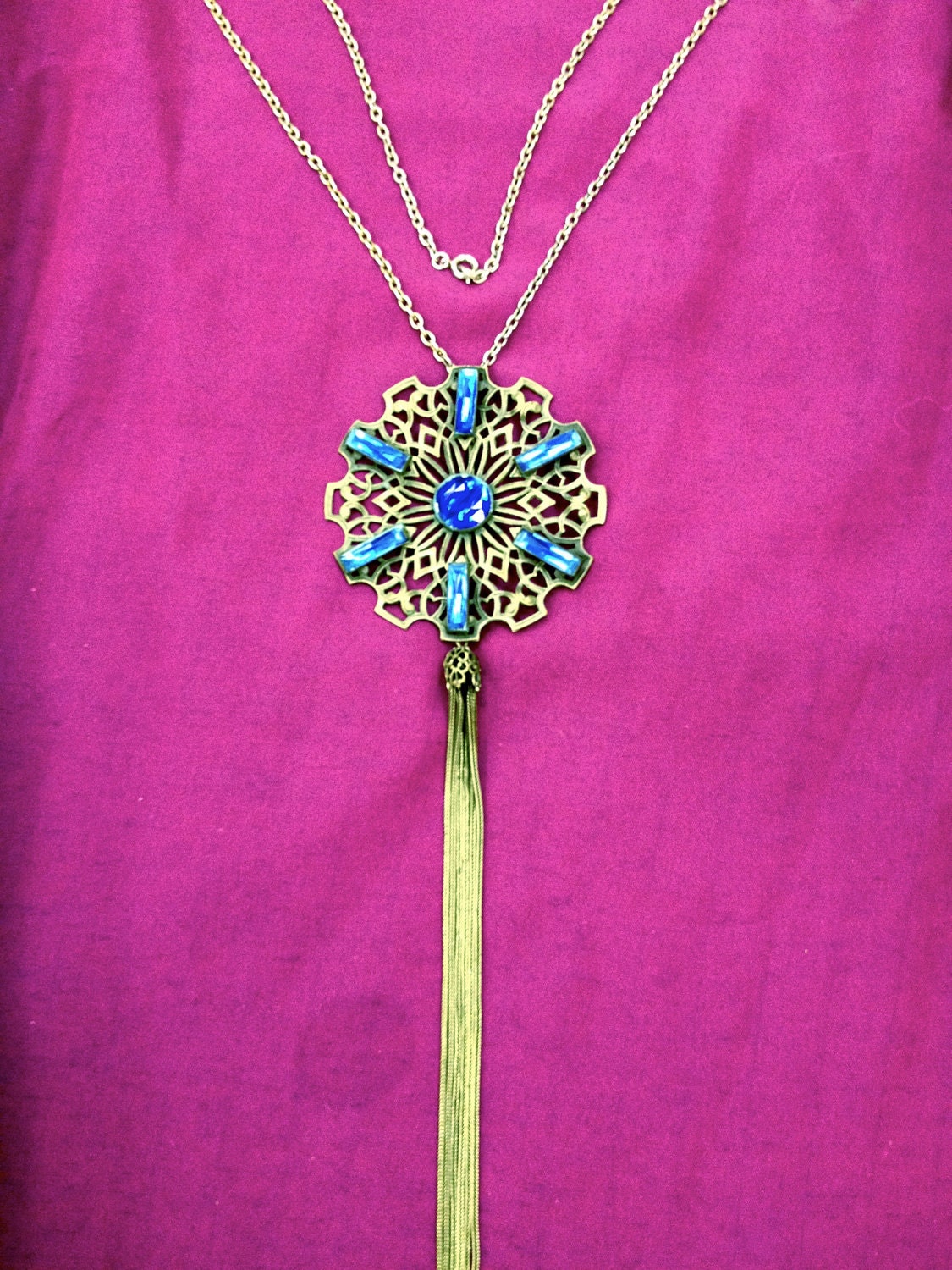 Gorgeous Vintage Boho 1920's Flapper Brass Filigree Czech Royal Blue Art Glass Lavaliere Necklace with Tassel