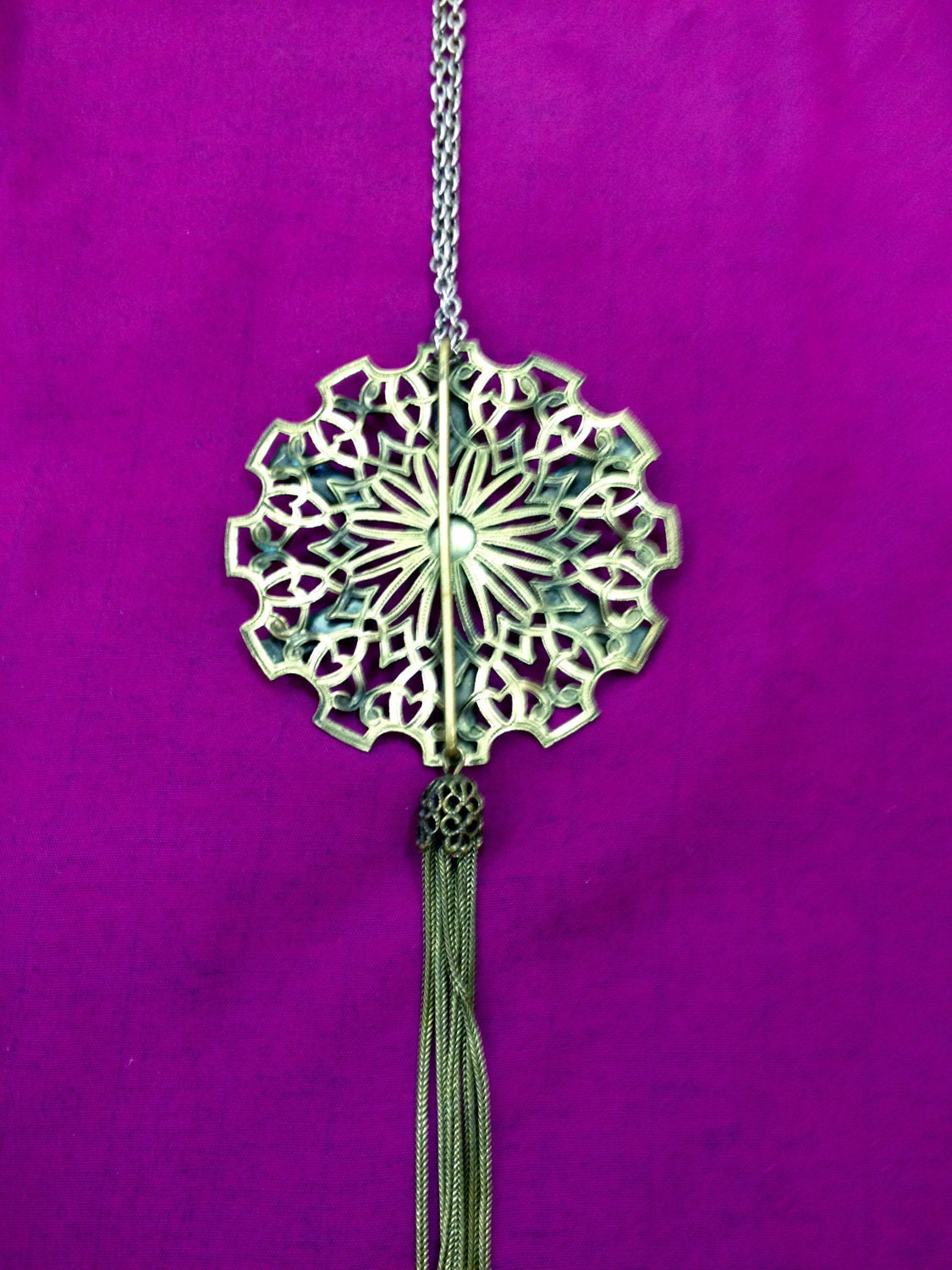 Gorgeous Vintage Boho 1920's Flapper Brass Filigree Czech Royal Blue Art Glass Lavaliere Necklace with Tassel