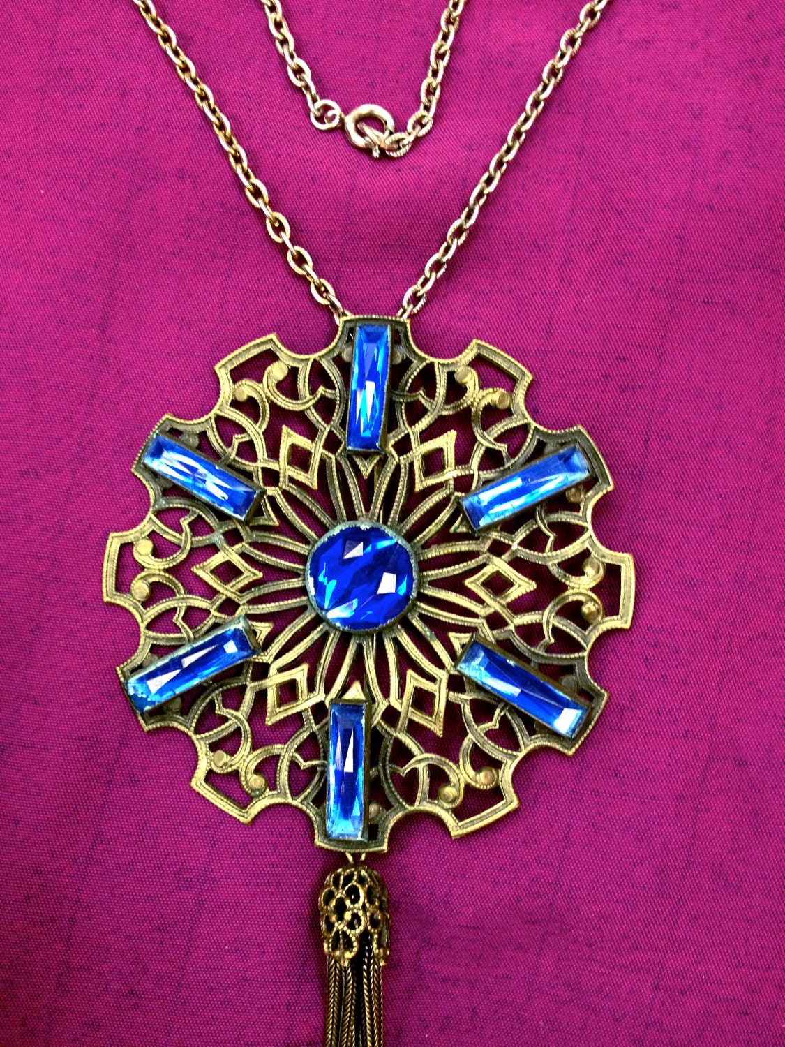 Gorgeous Vintage Boho 1920's Flapper Brass Filigree Czech Royal Blue Art Glass Lavaliere Necklace with Tassel