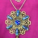 Gorgeous Vintage Boho 1920's Flapper Brass Filigree Czech Royal Blue Art Glass Lavaliere Necklace with Tassel