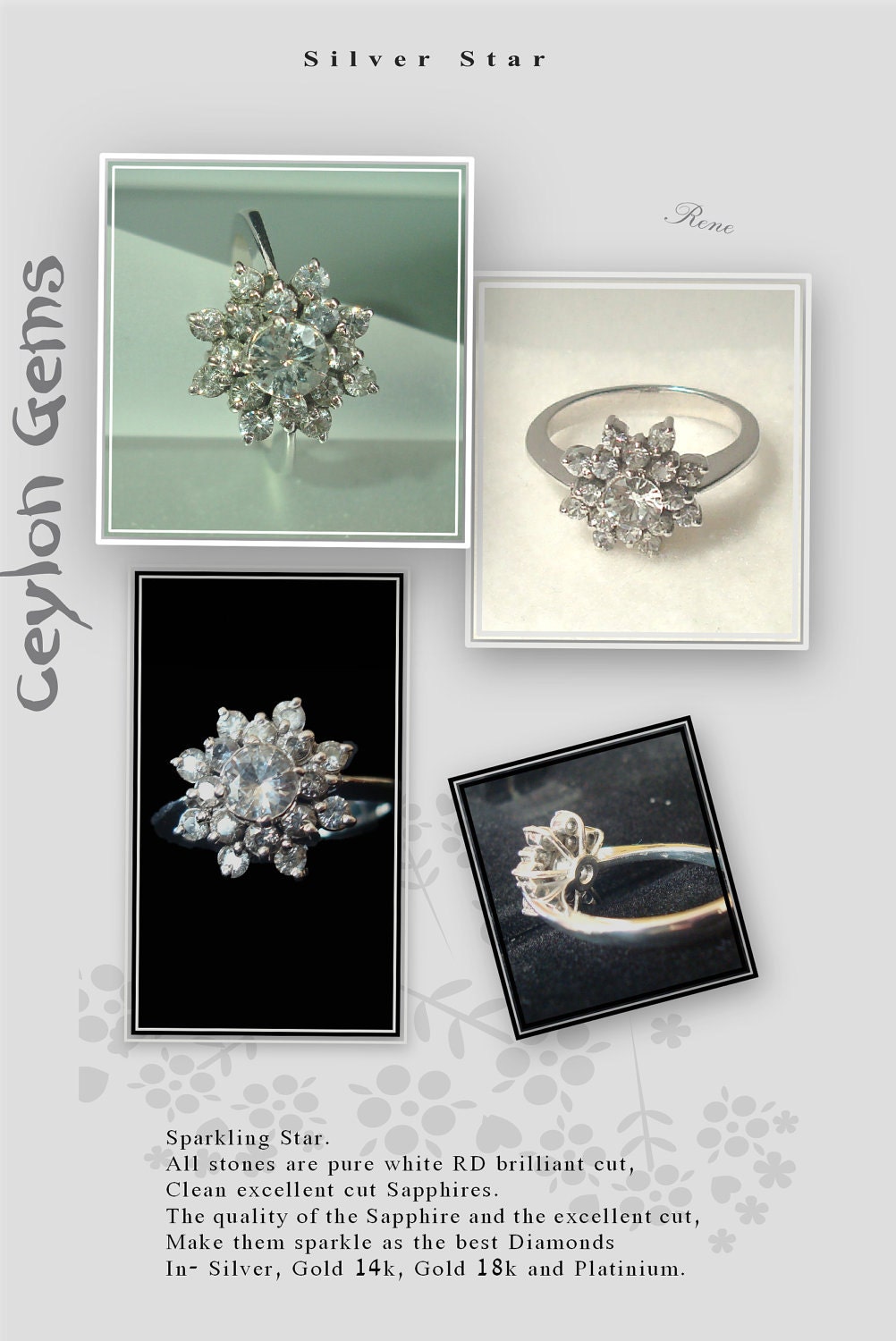 Gold Ring, pure natural white Ceylon Sapphires,handmade Art Deco Payment Plan is available. P-053-1