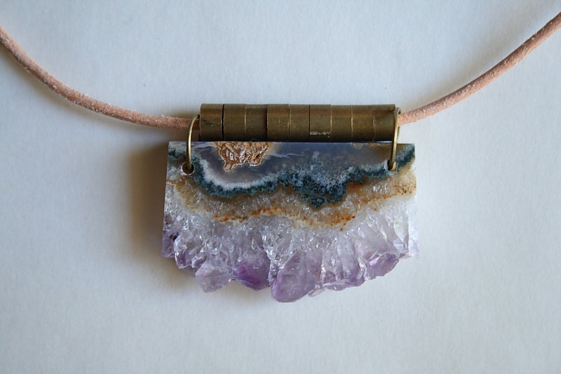Amethyst geode slice, vintage brass and leather necklace