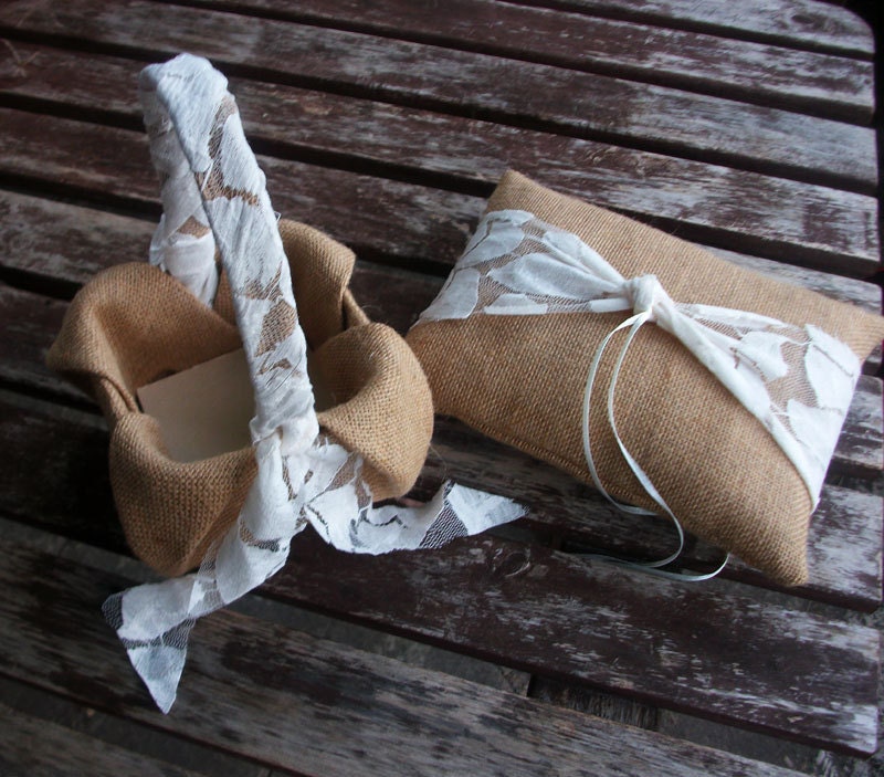 Ring Bearer Pillow and  Flower Girl Basket Set  in Burlap and Ivory  Lace