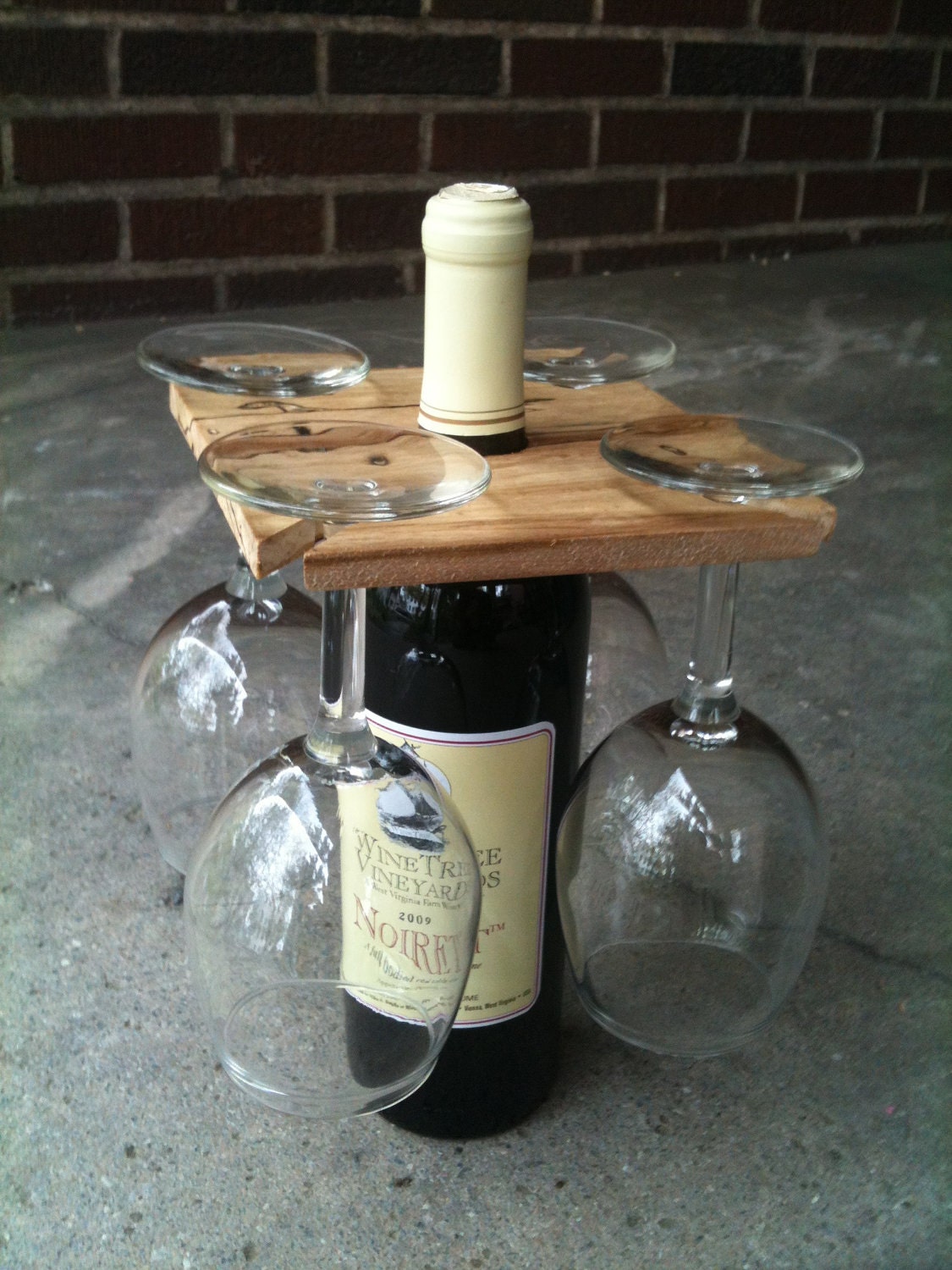 Party of Four hardwood rack for wine bottle and four glasses.  Salvaged sassafrass, 1.99 shipping within U.S.  Great host gift.