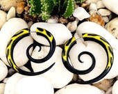 Fake Gauge Earrings -- SPRING SALE --  1 Pair Organic Horn Koru Tribal Spiral Curls - Yellow Flames Inlaid Earrings - Fake Gauge Organics
