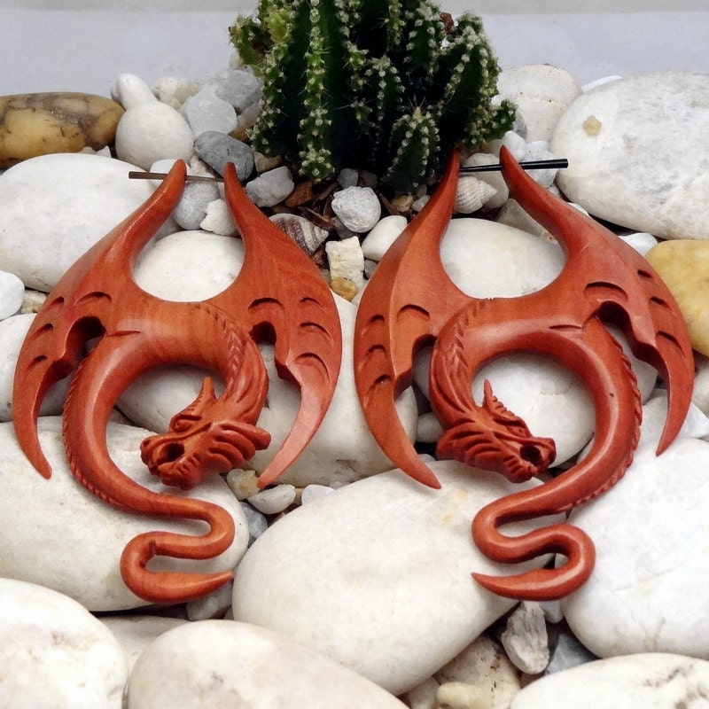 SPRING SALE -- 1 Pair Organic Natural Wooden Earrings - Winged Horned Dragon - Dramatic 3-1/8" Tall - Fake Gauge Organics
