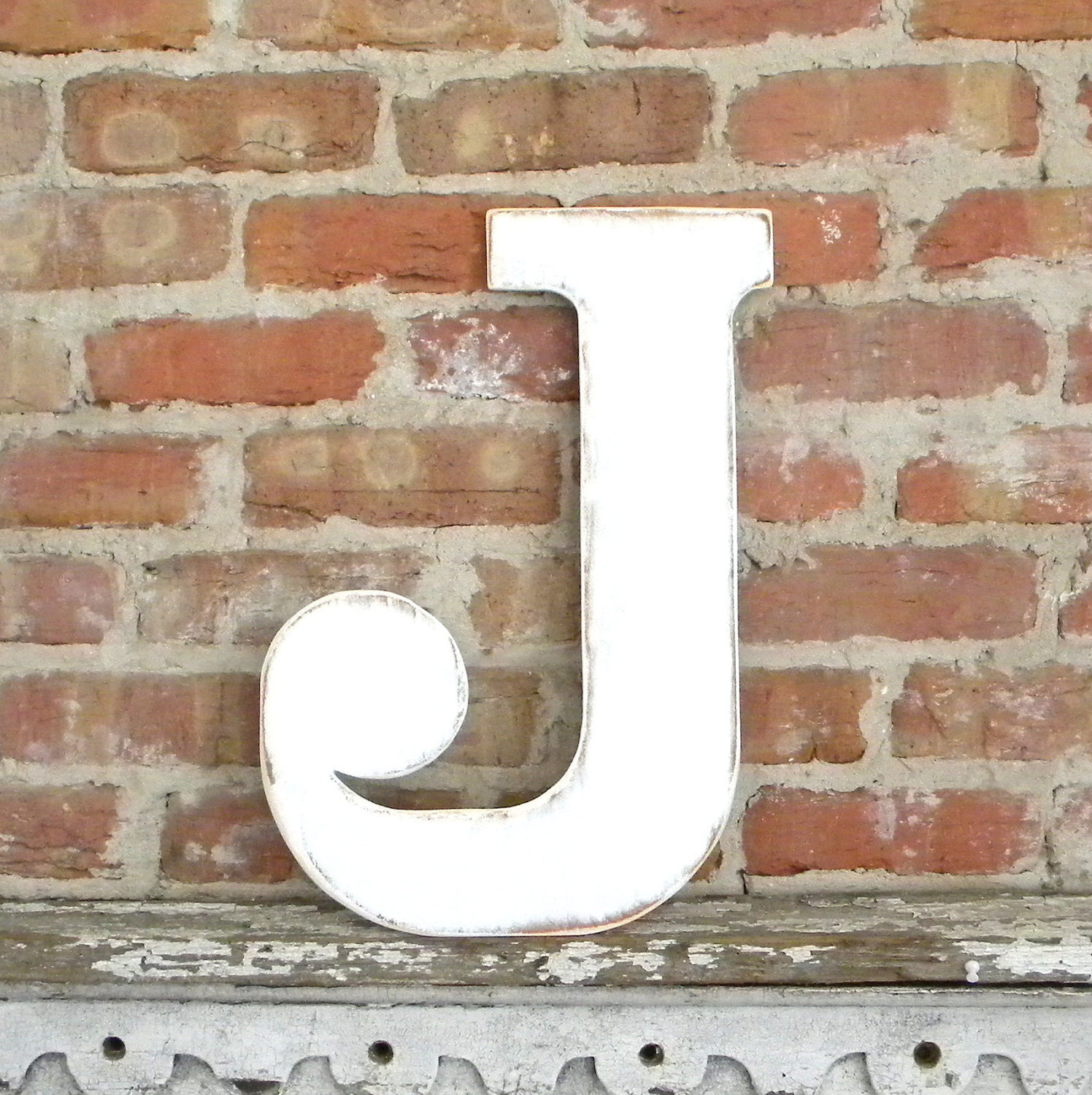 18" Wooden Letter J, Elegant Font, Distressed White - all letters many colors available
