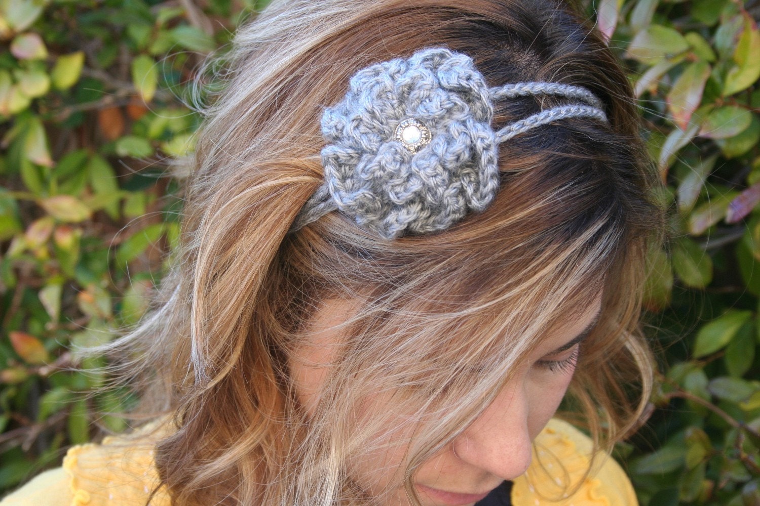 Gray crocheted flower 2 strand headband