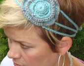 Light teal/gray crocheted flower 3 strand headband