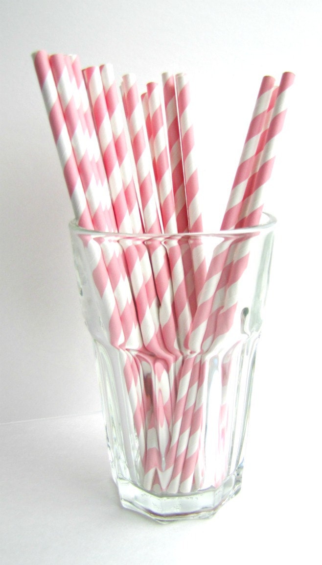 Pale Pink Striped Paper Straws with Printable paper flags.