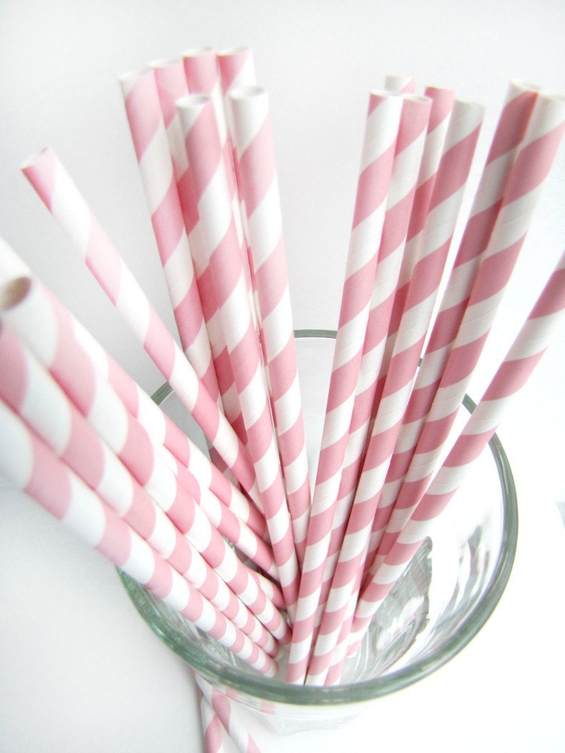 Pale Pink Striped Paper Straws with Printable paper flags.