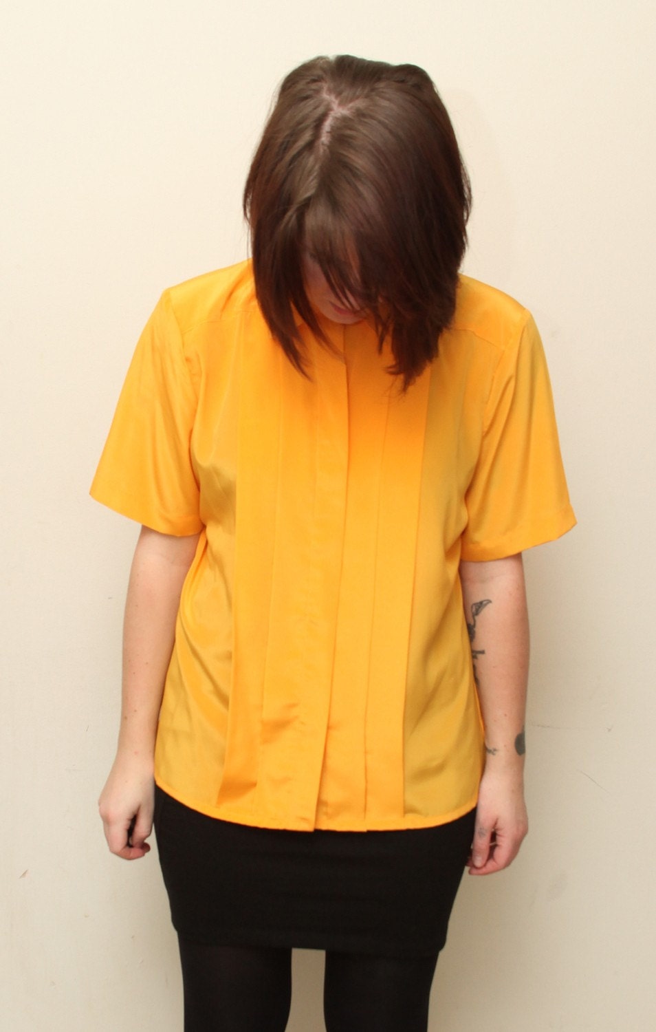 Unique Vintage Yellow Bow Tie Boxy Blouse - Size S-M