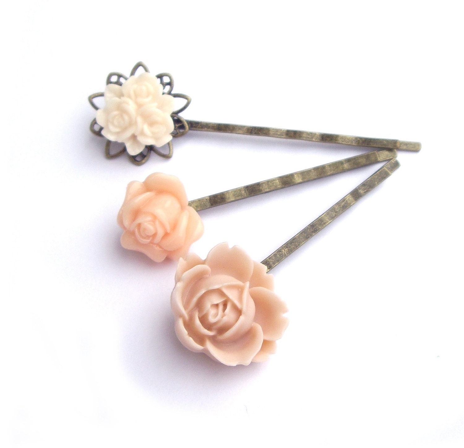 Hair pins, Flower hairpins, peach and ivory white rose resin jewelry set of 3