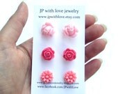 Flower Stud earrings, pink flower earrings, set of 3