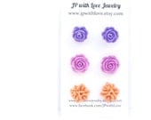 Purple Stud earrings, Flower stud earrings, lilac, peach, flower earrings, rose, jewelry, set of 3, bridesmaid gift, flower jewelry