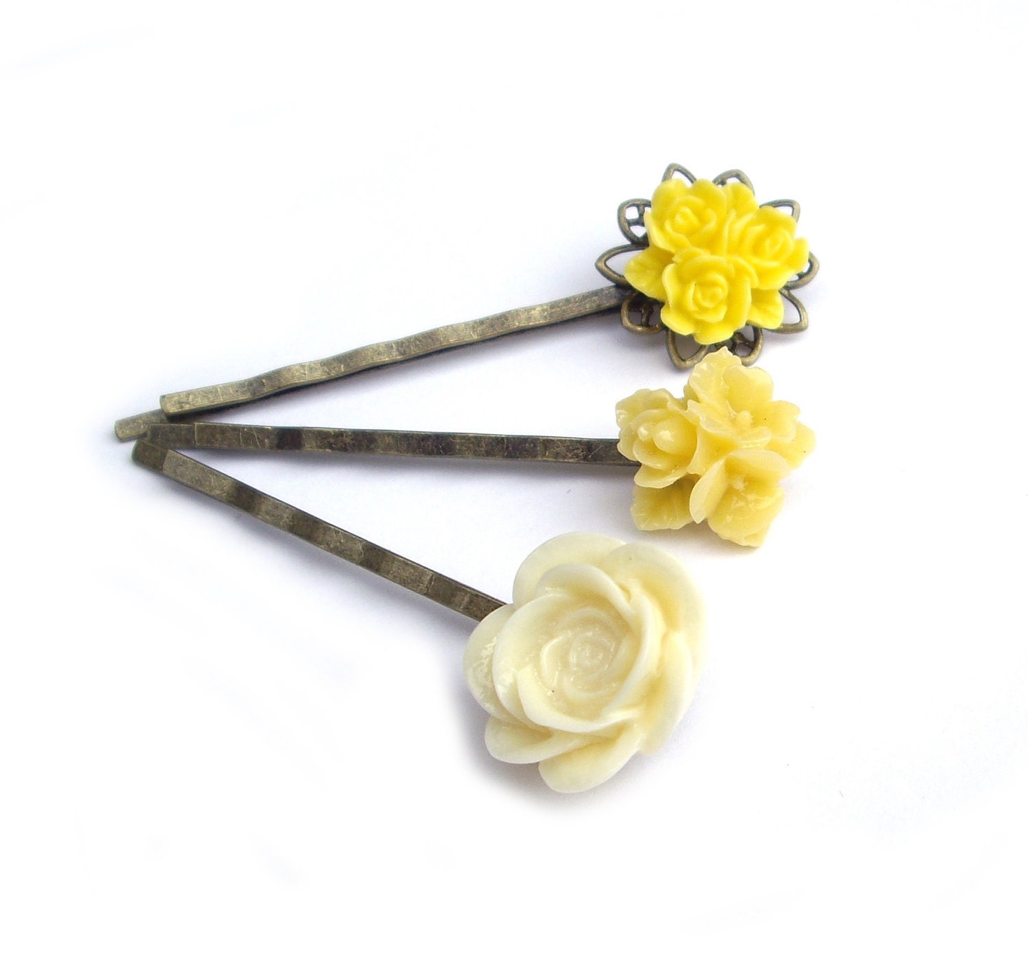 Flower Hair pins, Yellow Flower hairpins, Set of 3, bobby pins,