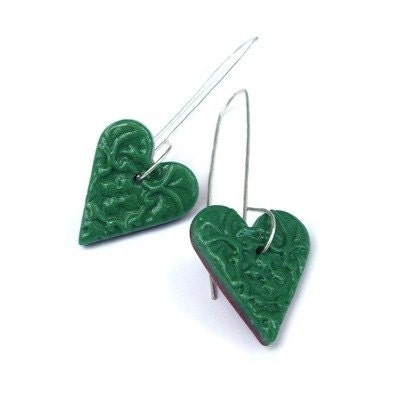 green earrings, Heart earrings,