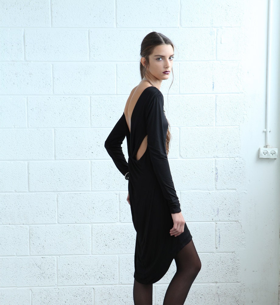 SALE 70% OFF Backless Dress, Black Party Dress. Open back Dress. Black. Women Dress with Long Sleeve