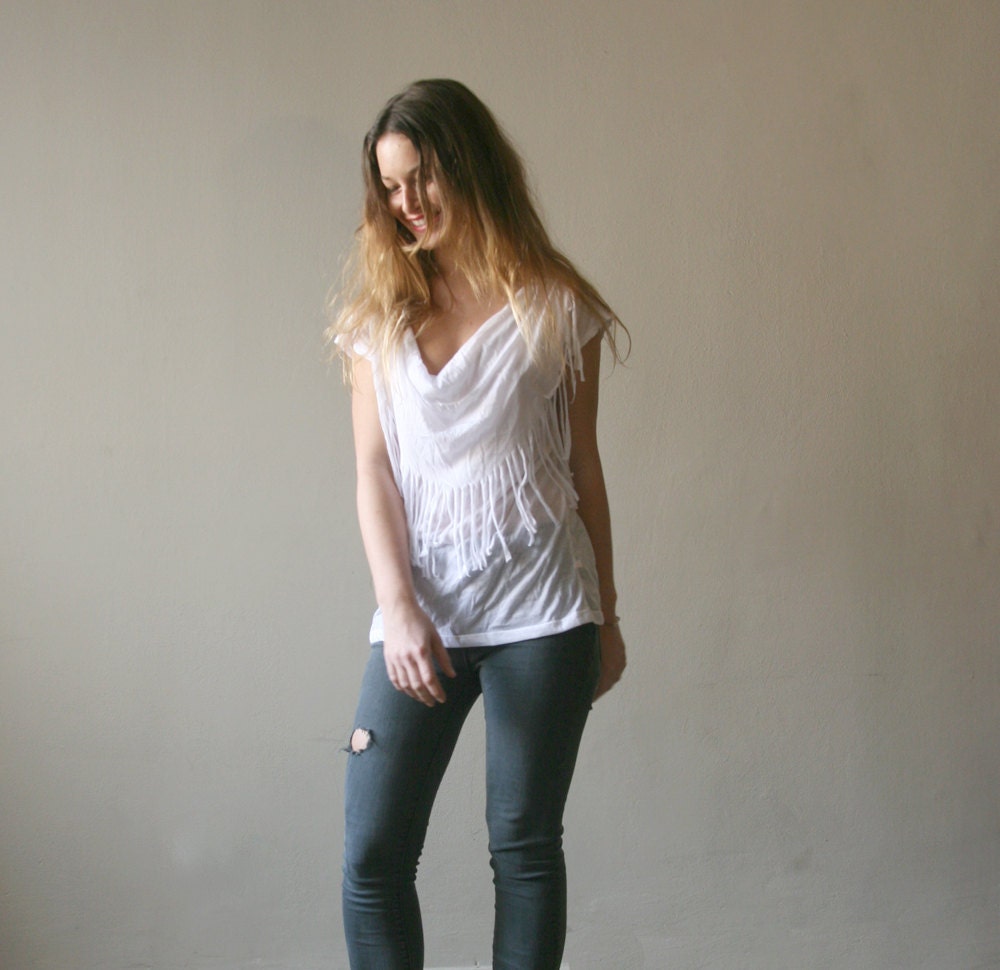 Fringe Top,Short Sleeve T-shirt White, Spring Fashion