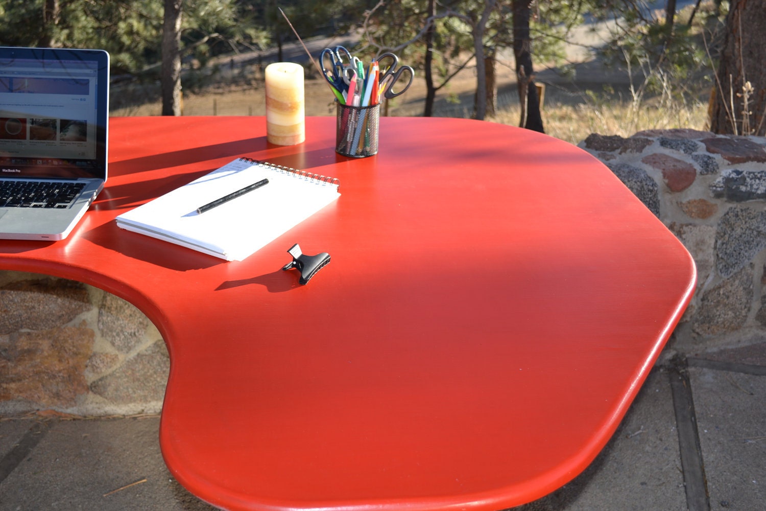 DESK: Red Mid-Century Modern Desk With Hairpin Legs