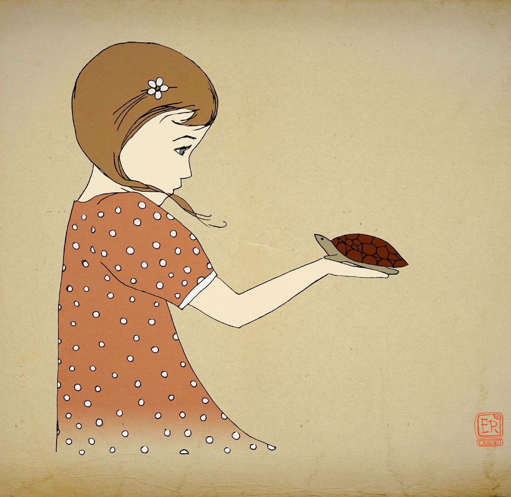 Turtle and girl illustration 12x16 nursery poster children room decor