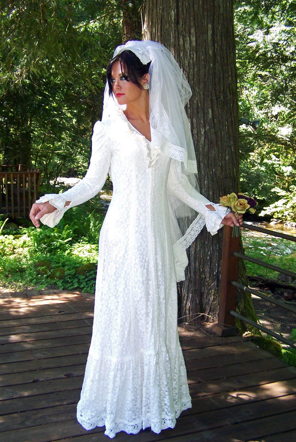 Boho Chic Vintage Handcrafted Embroidered Lace Crochet and Satin Wedding Gown