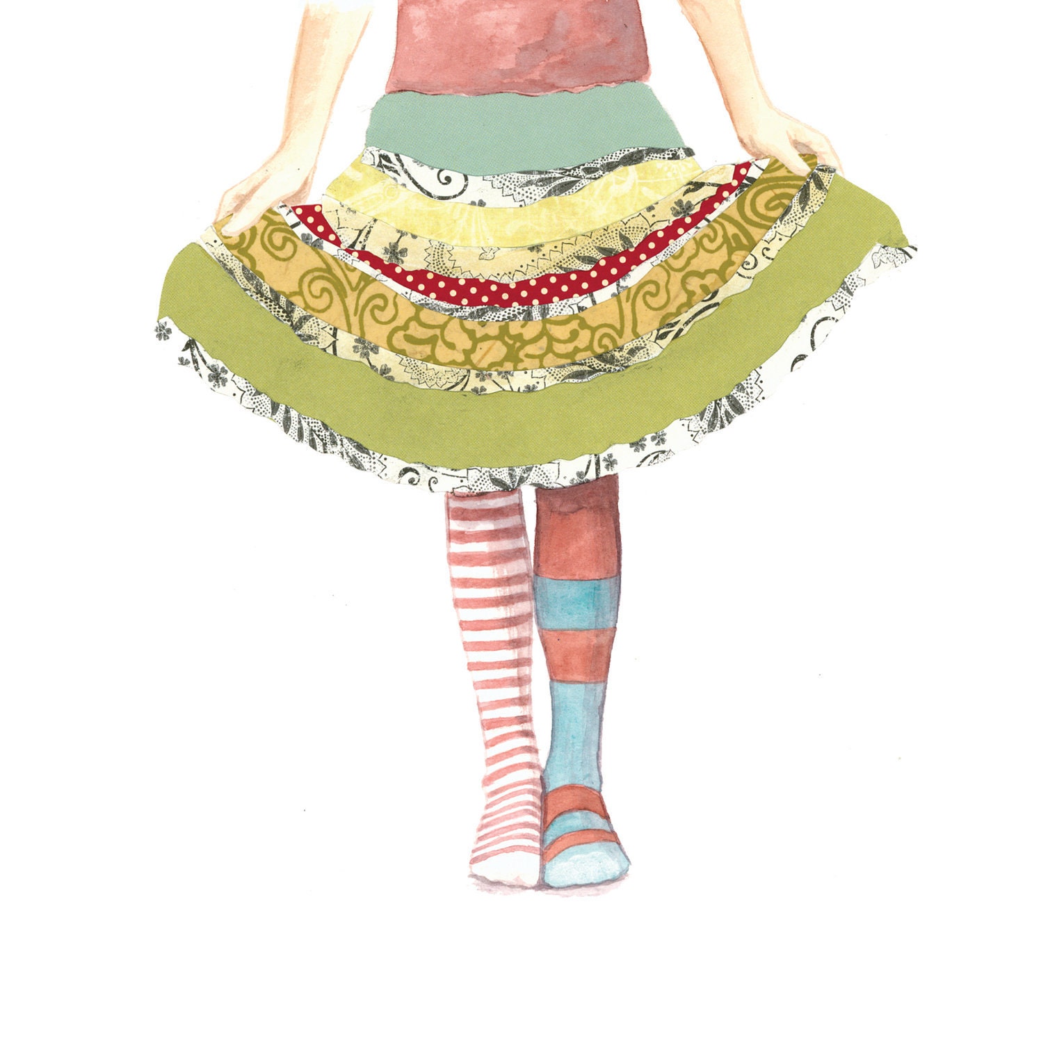 Fashion Stripes Girl dress up Cut Paper Skirt - All Dressed Up - Print of Original Painting Collage by Paper Taxi