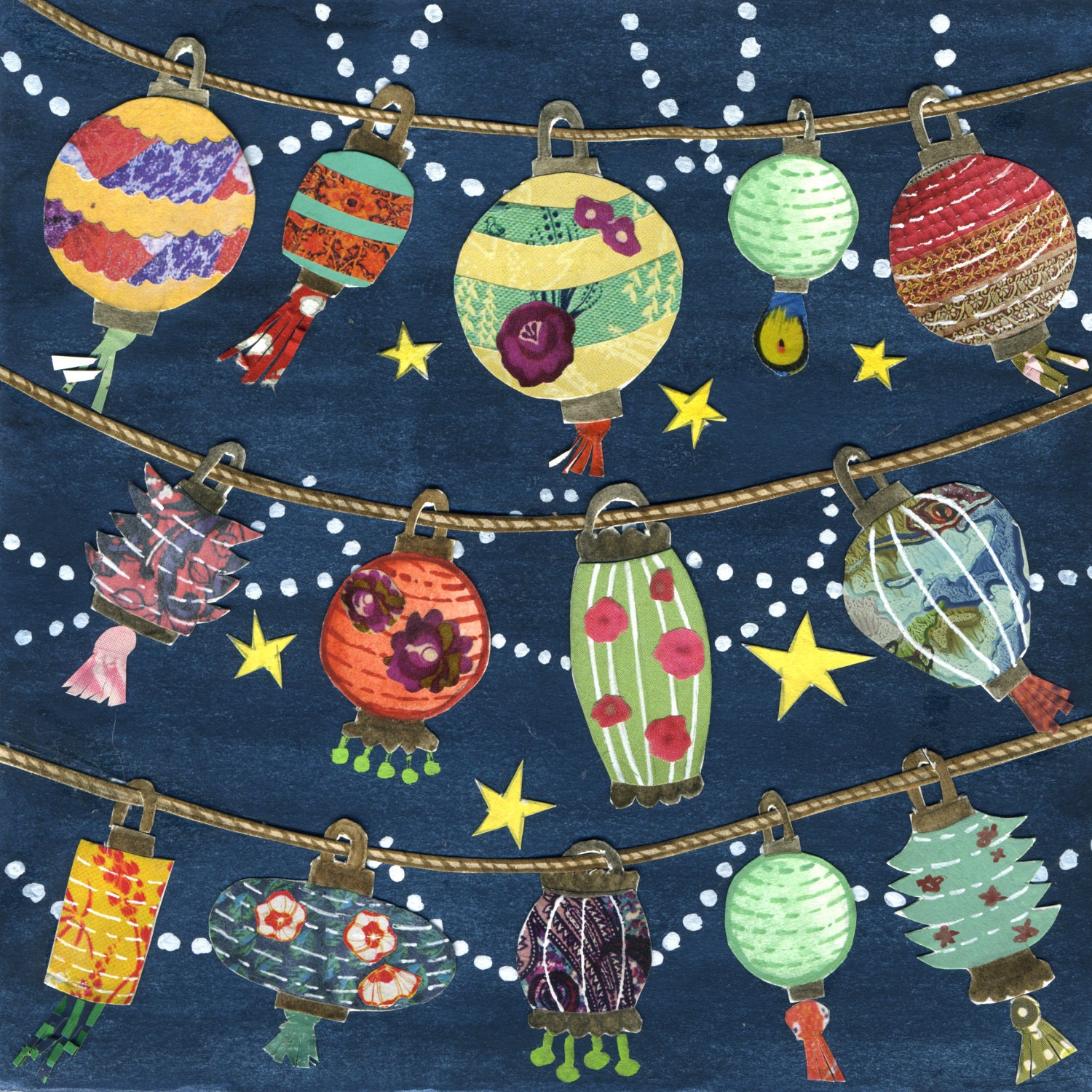 Celebration Chinese Lanterns Cut Paper Lanterns - Print of Original Painting Collage by Paper Taxi