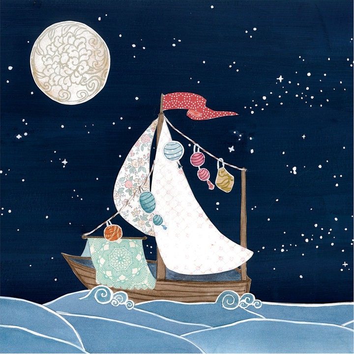 Boat Ship Sail Night Sky Stars Moon Cut Paper Dream - Large Print of Original Painting Collage by Paper Taxi