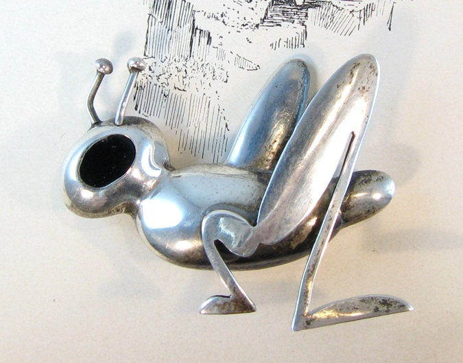 Mexico Silver Bug Pin Bold Figural Grasshopper Critter with Big Eye 1970s Sterling Jewelry
