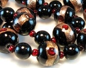 Vintage Venetian Necklace Murano Glass Aventurine Black Ruby Red Gold Lampwork Jewelry