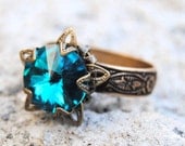 Swarovski Crystal Ring - Stargazer Victorian - Vintage Teal and Antiqued Brass Adjustable Ring
