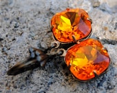 Orange Fire Opal Earrings - Vintage Savannah Dangle Sparklers - Fire Opal Crystal & Vintage Brass Drop Earrings - Mashugana