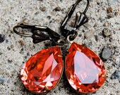 Swarovski Crystal Earrings - Duchess in Watermeon Pink Pears in Vintage Brass - Dangle Earrings