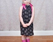 Fun Pillow Case Dress Hot Pink Ribbons on Black and White Fabric. Available In Sizes 0months-8Years Old
