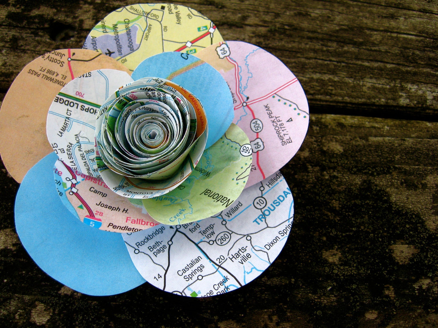 Small map flower with petals: accessory, hair clip, brooch pin, home decor, wedding, gift topper, holiday