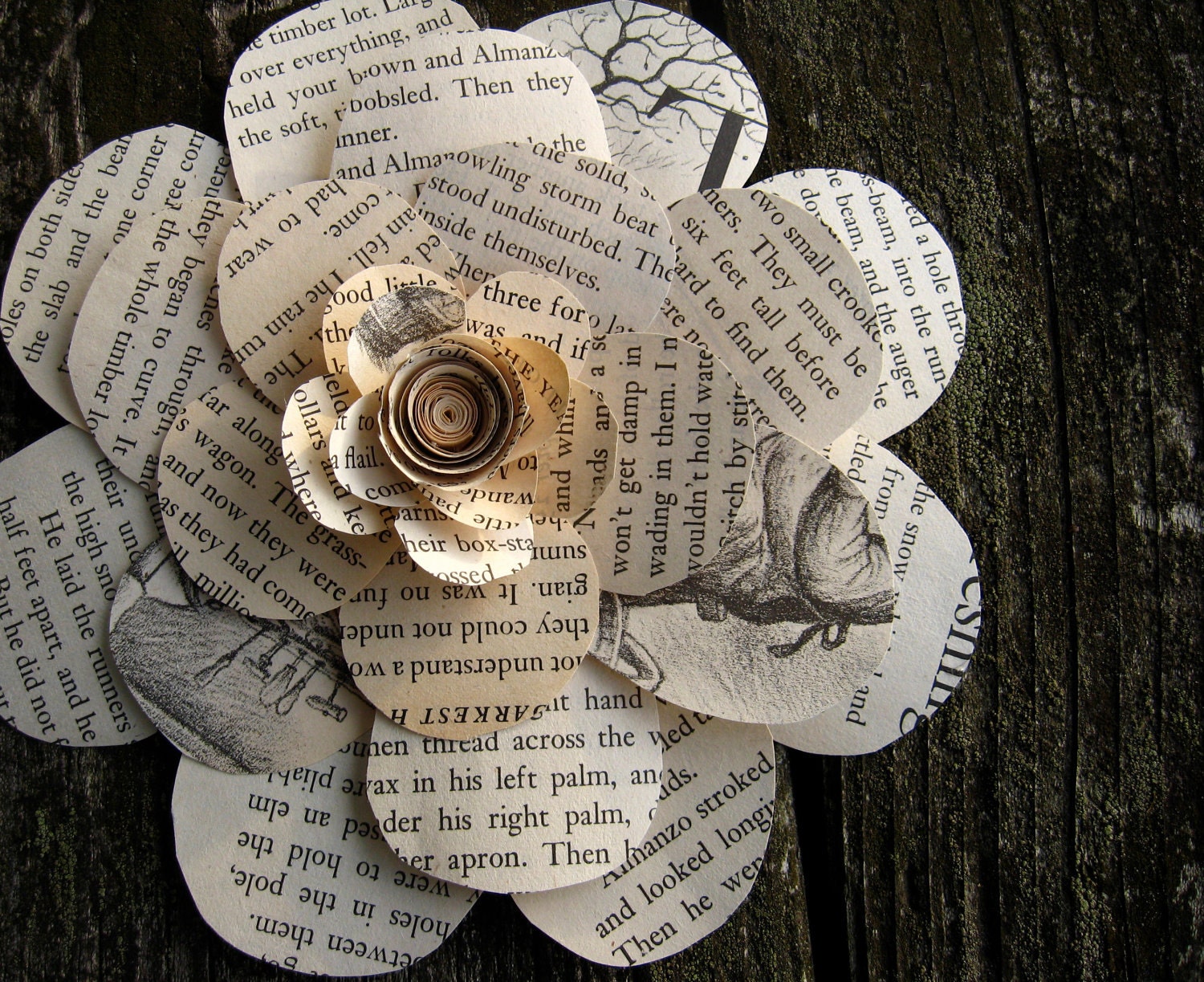 Oversized vintage book paper flower: home decor, gift topper, accessory, brooch pin, wedding, winter, spring