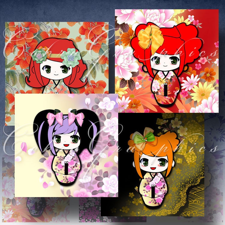 Japanese Dolls - Kokeshi -1x1 in and scrabble tiles - Digital Collage Sheet CG-381 for Scrapbooking, Jewelry, Cards - Instant Download