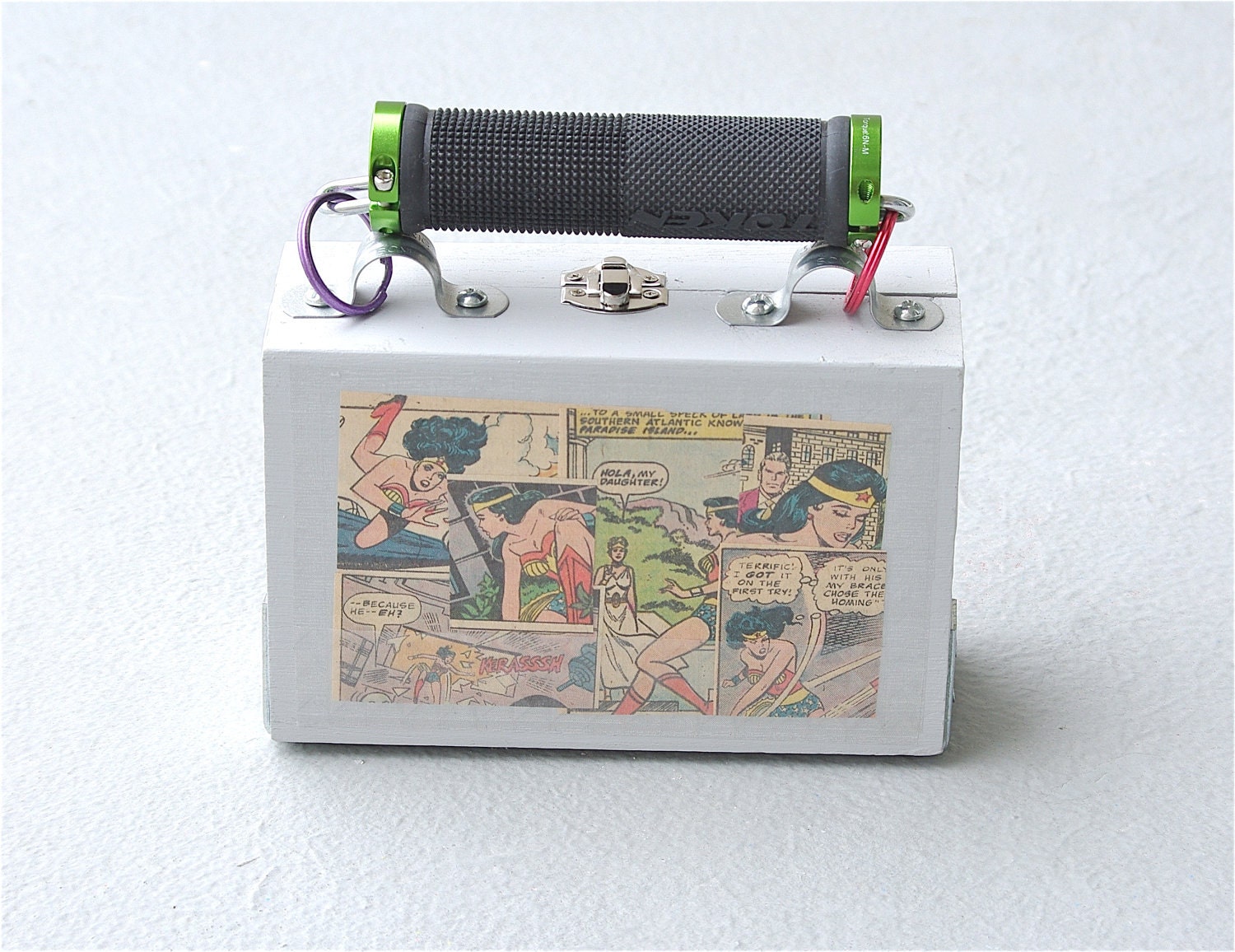 SALE Wonder Woman Purse case recycled dc comics comic book superhero storage box handbag bag artwork art, modern industrial wooden box