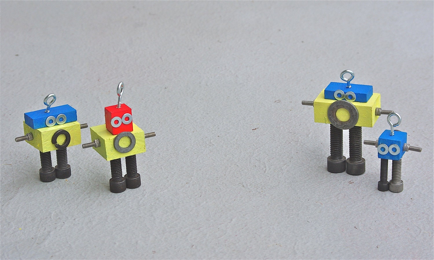 Christmas robots bots holidays set of 4 tree ornaments desk ornament holiday decor set modern retro industrial decor rainbow yellow blue