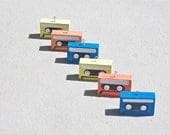 retro cassette ornaments mixtape ornament set of 6 rainbow blue yellow peach recycled upcycled reclaimed repurposed wood holiday gift set