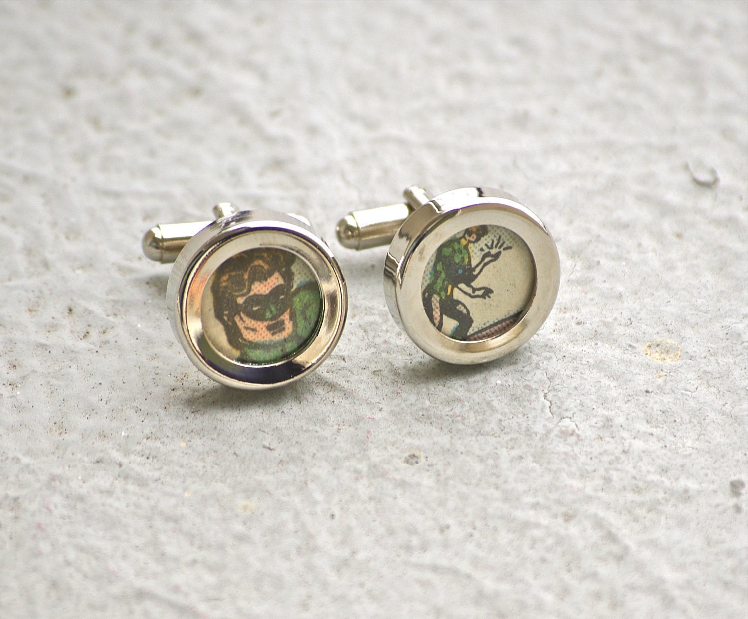 The Green Lantern Cuff Links Cufflinks recycled handmade comic book upcycled vintage rare dc comics superhero geeky accessories - SUPERSOCK